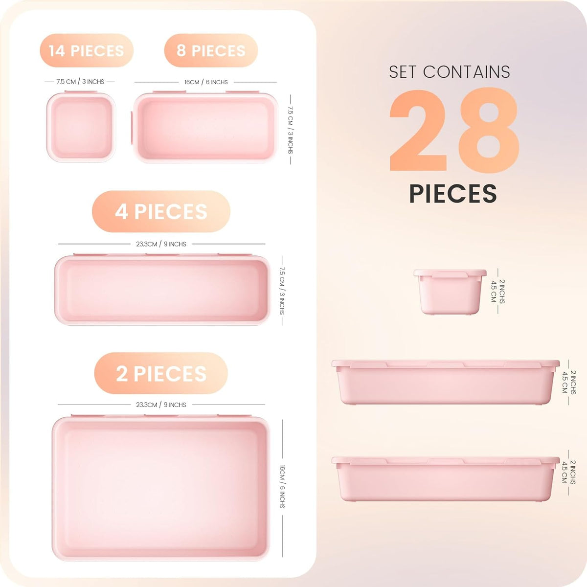 【28PCS】A-LUGEI Drawer Organizer, Bathroom Organizers and Storage, Makeup organizer, Desk drawer organizer, Storage Bins for Kitchen Office Bedroom Vanity Jewelry Pantry Garage【Pink】【4Size】