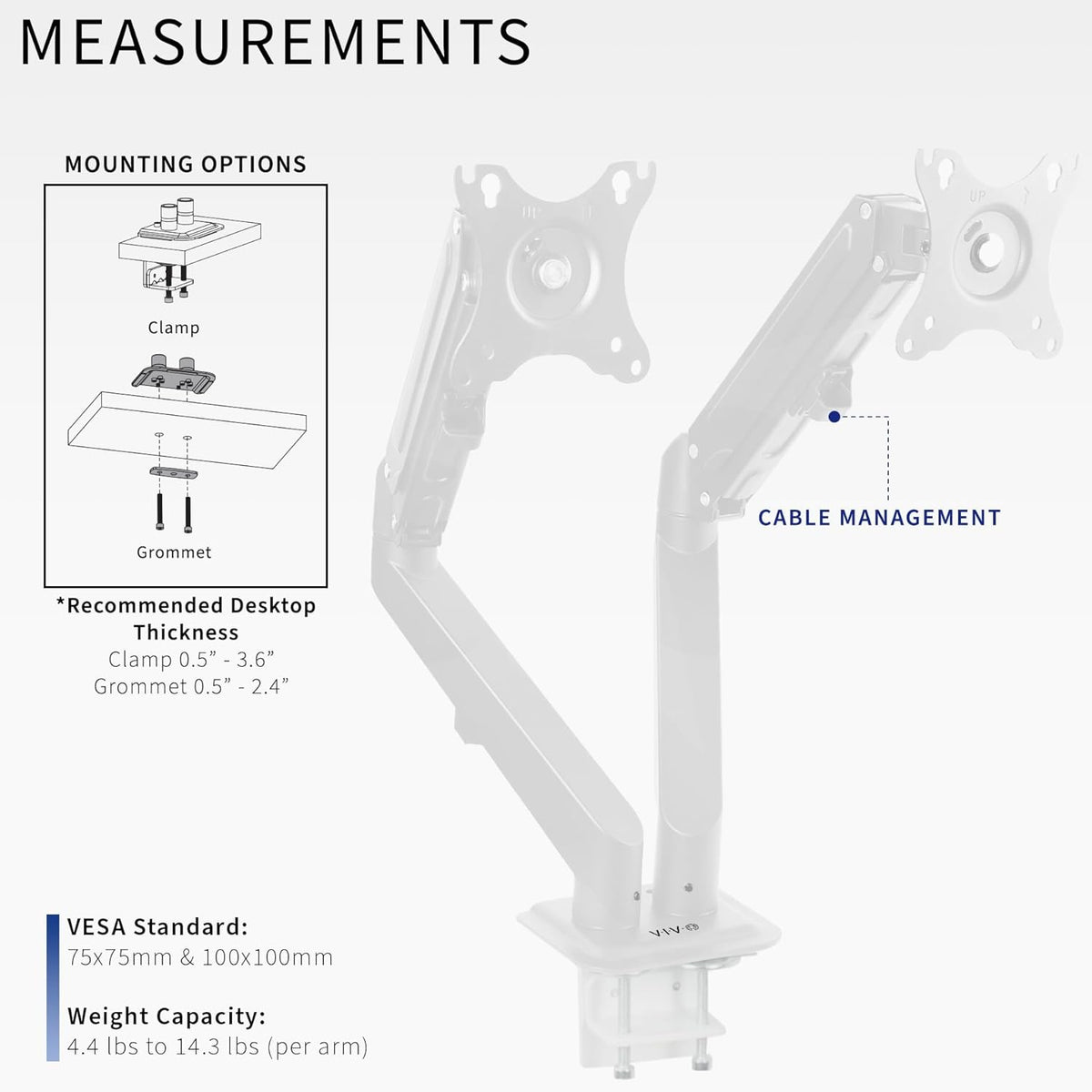 VIVO Aluminum Articulating Dual Monitor Arm for 17 to 27 inch Screens, Desk Mount Tension Spring Monitor Stand for 2 Screens, White, STAND-V102OW