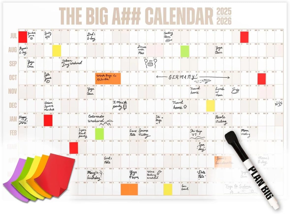 The Big A## Calendar Mid-Year Wall Planner – July to June Dry-Erase – Includes 1 Marker & 100 Labels – Lightweight, Easy to Hang Yearly Planner – Plan Goals & Adventures – Neutral, 4’x3’