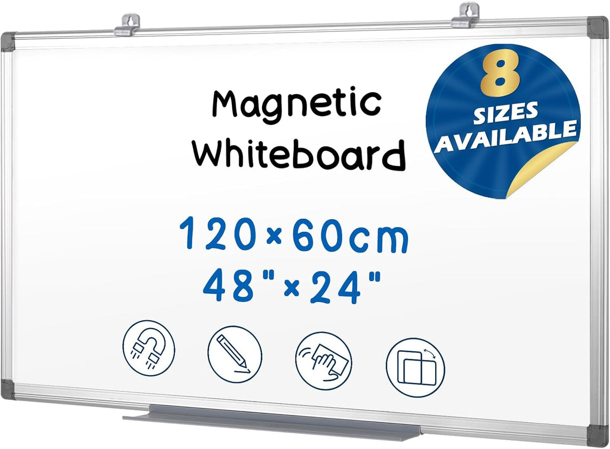 SWANCROWN Magnetic Dry Erase Board 48 x 24 Inches - Large White Board, Silver Aluminum Frame, 4' x 2' Writing Whiteboard for Walls, Home Office, School, Studio
