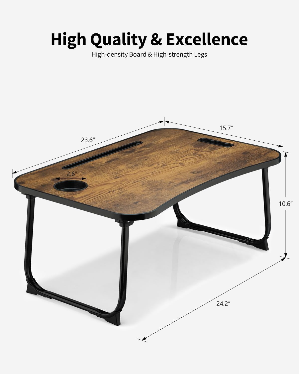 Foldable Lap Desk, Laptop Bed Desk, Portable Lap Table, Laptop Bed Table with Cup Holder & Tablet Slot & Lifting Handle for Working Writing Drawing & Eating - Rustic Brown