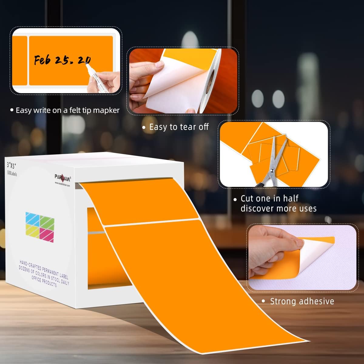 PARLAIM 3" x 5" Rectangle Adhesive Color Code Stickers,500 per Dispenser Box Roll Square Label Inventory Stickers (Fluorescent Orange)