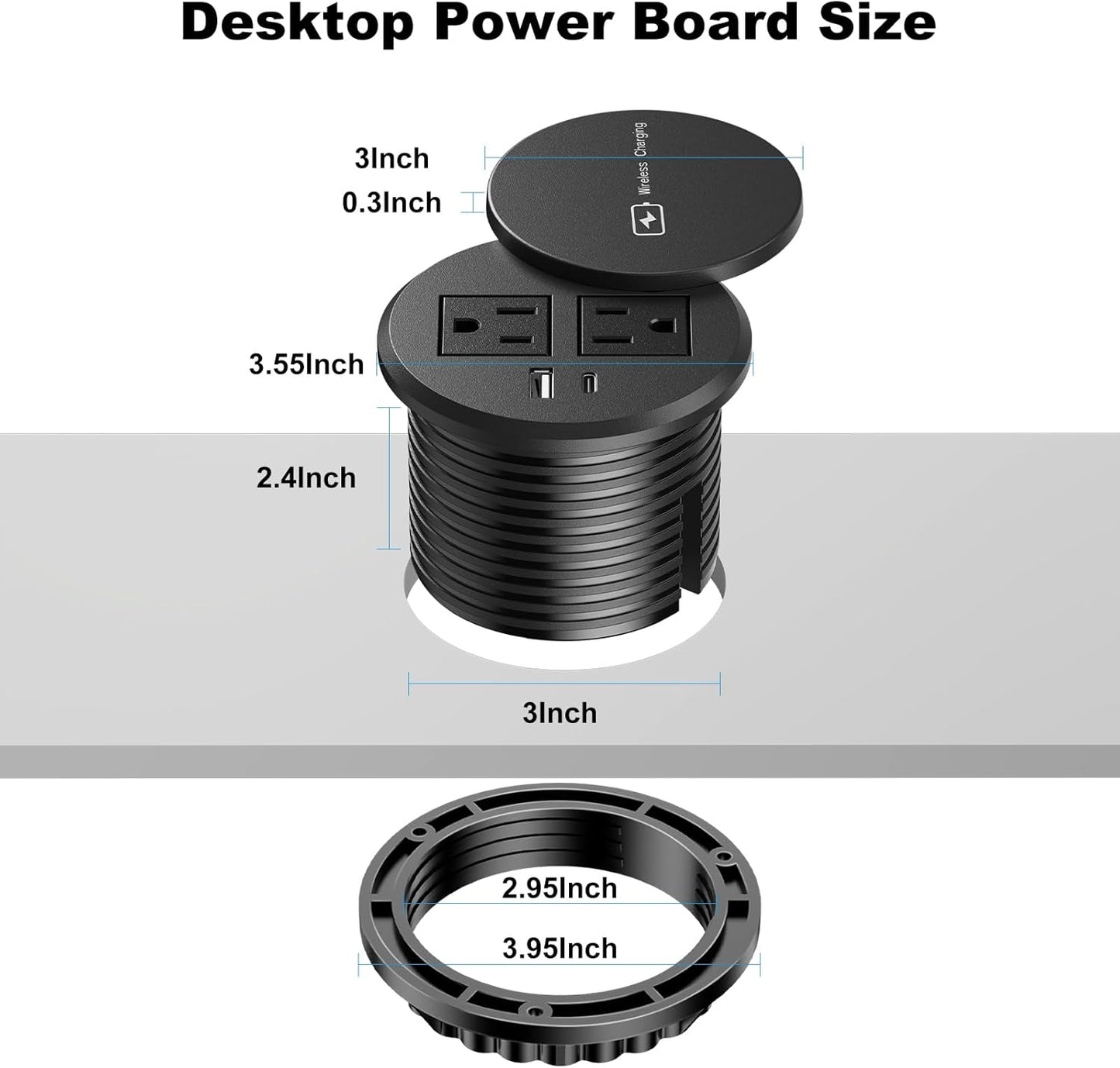 3 Inch Desk Power Grommet with 15W Wireless Charger, 20W USB-C Fast Charging Countertop Grommet Recessed Mount Power Outlet, with AC Outlets and 6ft Extension Cord