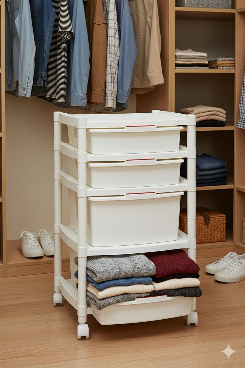 Multipurpose Mobile Rolling Drawer Organizer Cart with Four Drawers for Storage and Organization for Art, Craft, School, Office, Home, Beauty Salon, Bathroom or Kitchen White