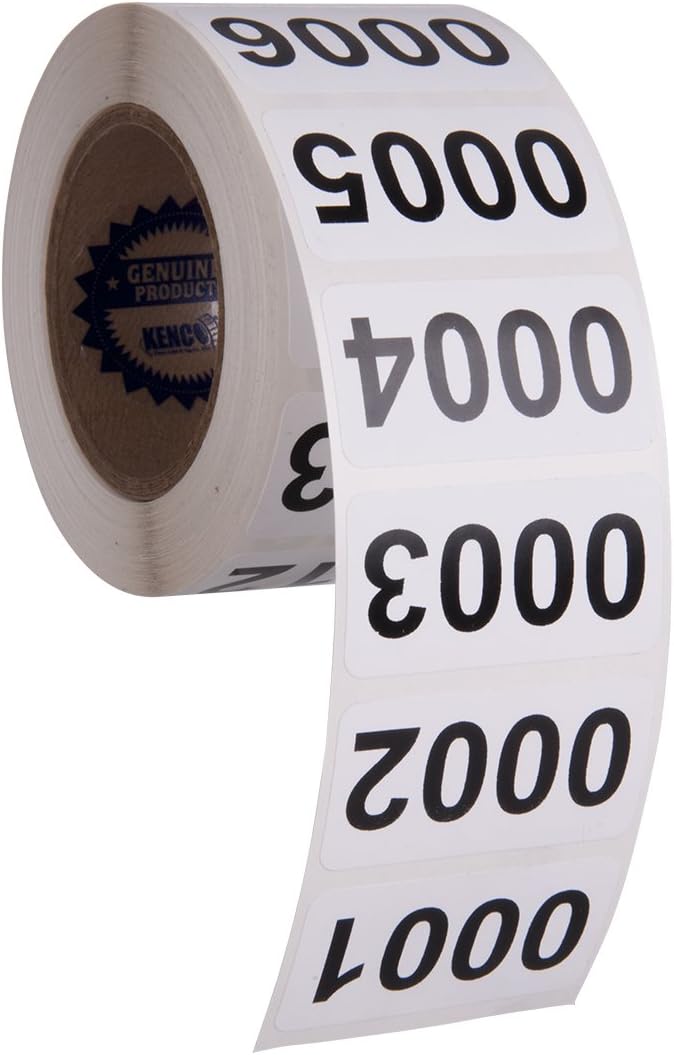 Consecutively Numbered Labels Self Adhesive Durable Vinyl- Measure: 2" X 1" by Kenco (ROLL 001-500)