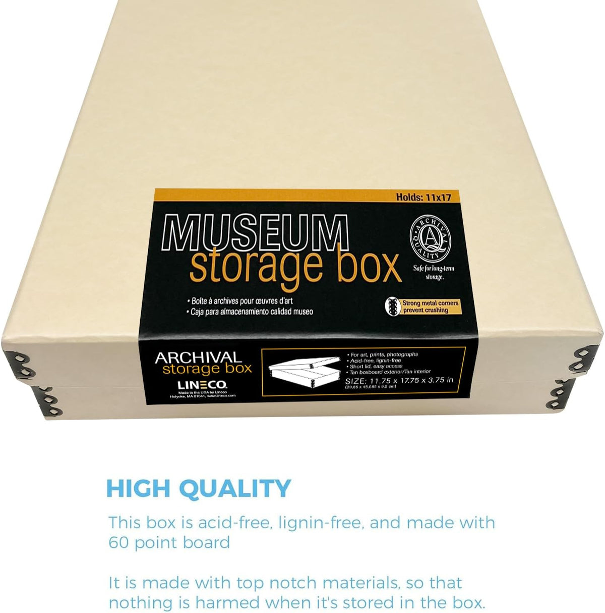 Lineco Museum Archival Storage Box, 11.75x17.75x3.75 in. Drop Front Design. Acid-Free with Metal Edge. Organize Photos, Pictures, Prints, Documents, Crafts, DIY. Tan, 1 Pack