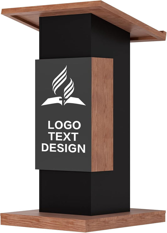 Customizable Logo & Text Podium Stand,Wood Lectern with Lockable Wheels,15MM Particle Board,Church Pulpit with Storage, Mic Stand Space,Wooden Podium for Seminars and Schools (Customized B)