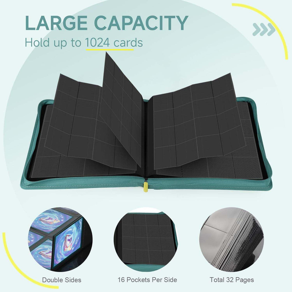 Card Binder with 1024 Cards,16 Pocket Trading Card Binder Includes 32 Page Storage Sleeves,Collection Card Album,Card Holder to Organize and Protect Cards,Green