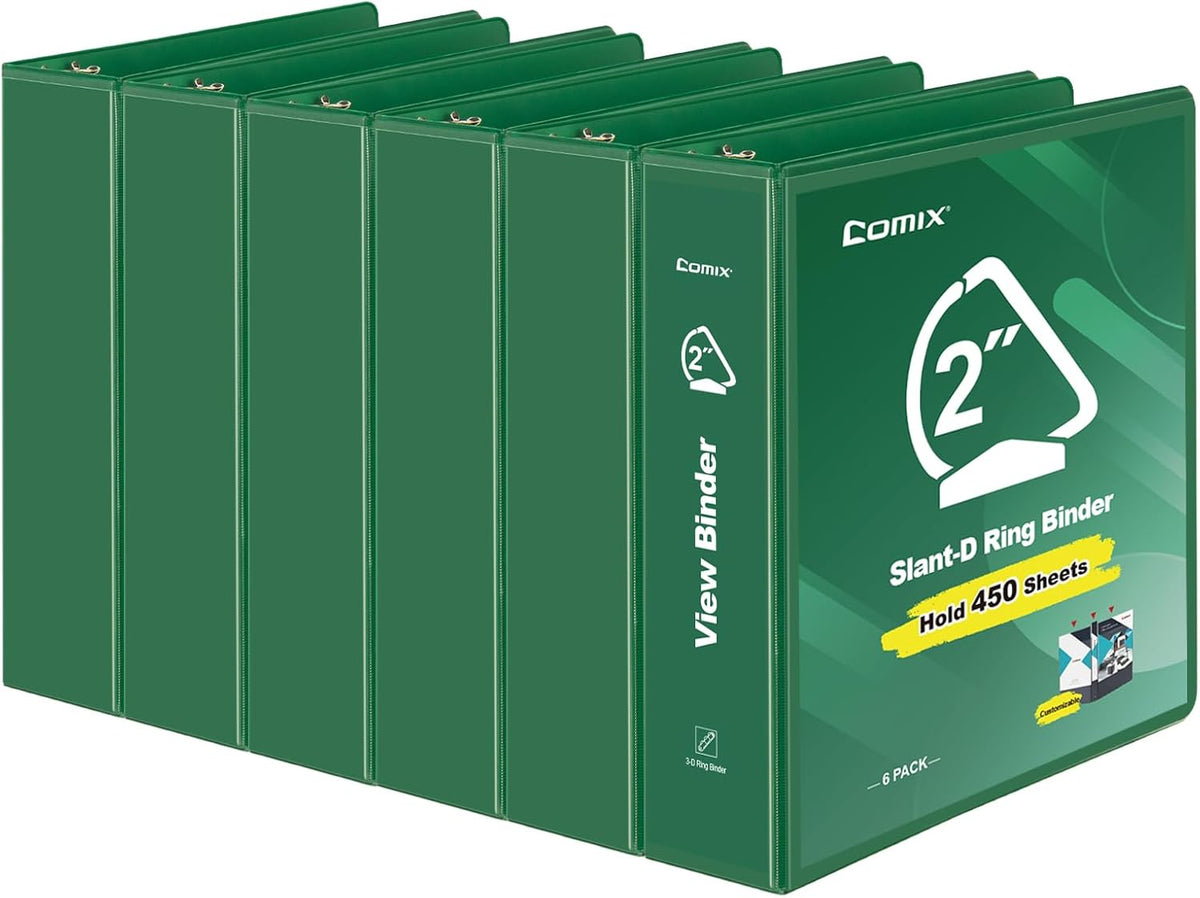 COMIX Sturdy 3 Ring Binder 2 inch with Clear View Cover, 2" Slant-D Ring View Binder Holds 500 Sheets of US Letter Size Paper, 6 Pack (Green)