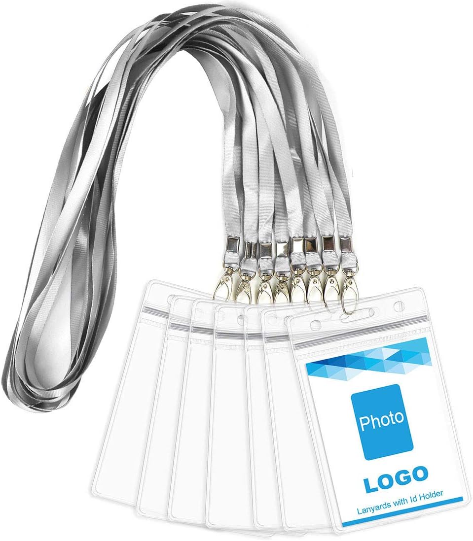 Lanyard with ID Holder 50 Pcs Waterproof Name Tag Badge ID Card Holders ID Pass Holder and 50 Pcs Flat Neck Lanyards Swivel Hook (Gray, Vertical)