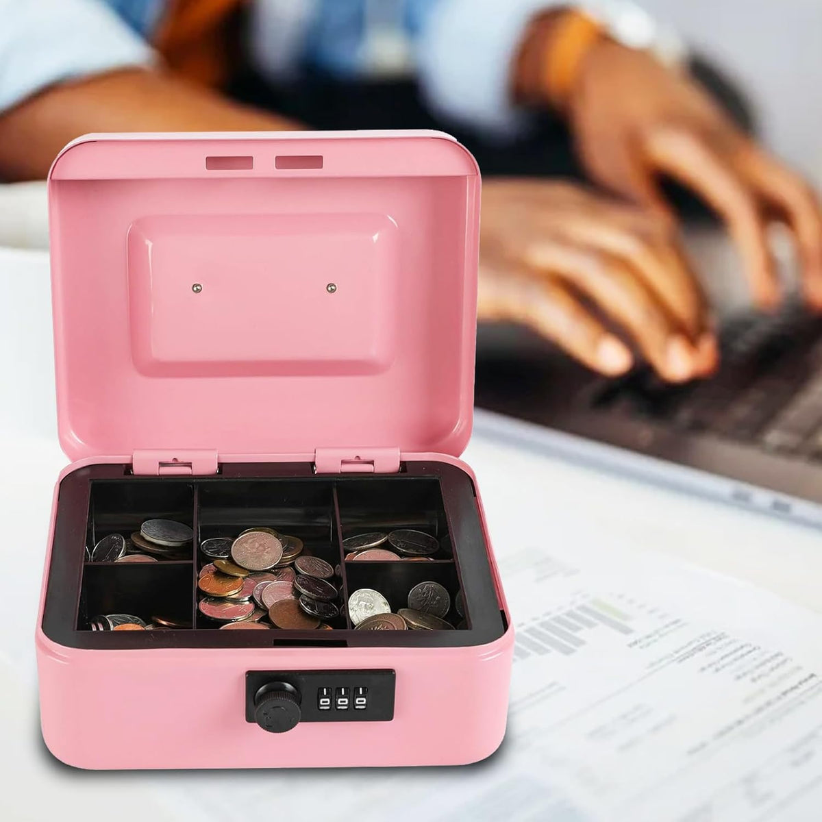 xydled Steel Cash Box Safe with Combination Lock,Money Safe Box with Removable Coin Tray,Large,9.84"x 7.87"x 3.54",Pink