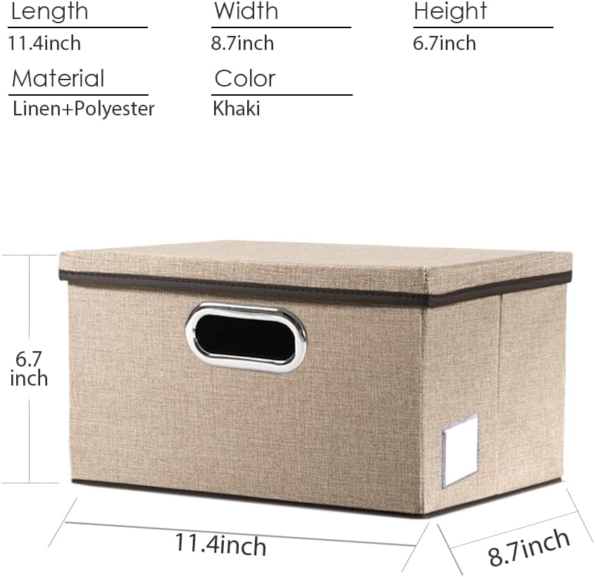 PRANDOM Storage Bins with Lids [3-Pack] Jute Fabric Foldable Storage Boxes Organizer Containers Baskets Cube with Cover for Home Bedroom Closet Office Nursery khaki（11.4X8.6X6.7