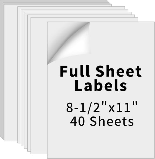 8.5" x 11" Full Sheet Label Sticker Paper for Laser & Inkjet Printers,Self Adhesive Printer Paper Shipping Labels,Printable White Matte Mailing Label Stickers(40 Sheets,40 Labels)