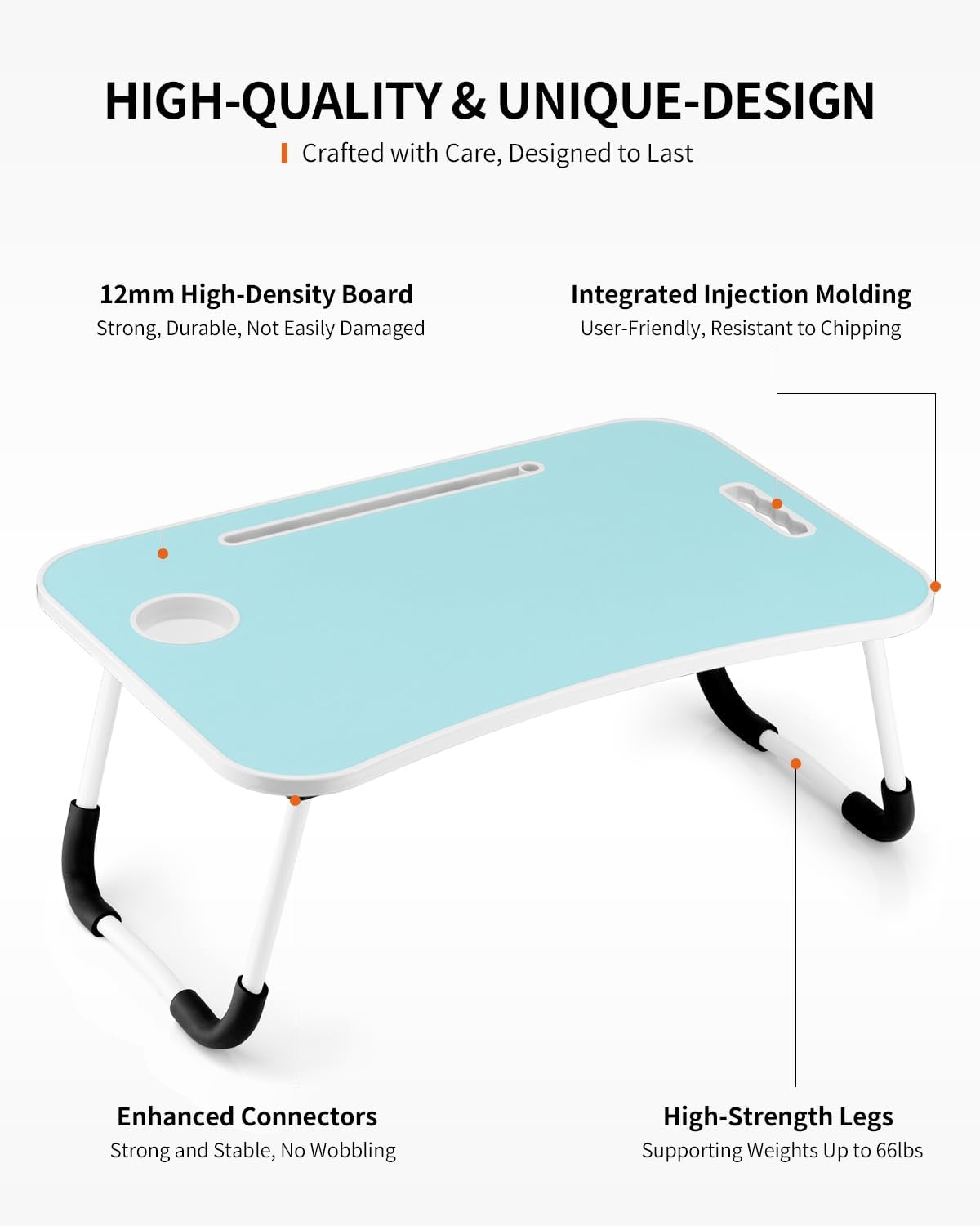 Foldable Laptop Table, Portable Lap Desk Bed Table Tray, Laptop Stand with Cup Holder & Tablet Slot & Lifting Handle for Working Writing Drawing & Eating (Blue)