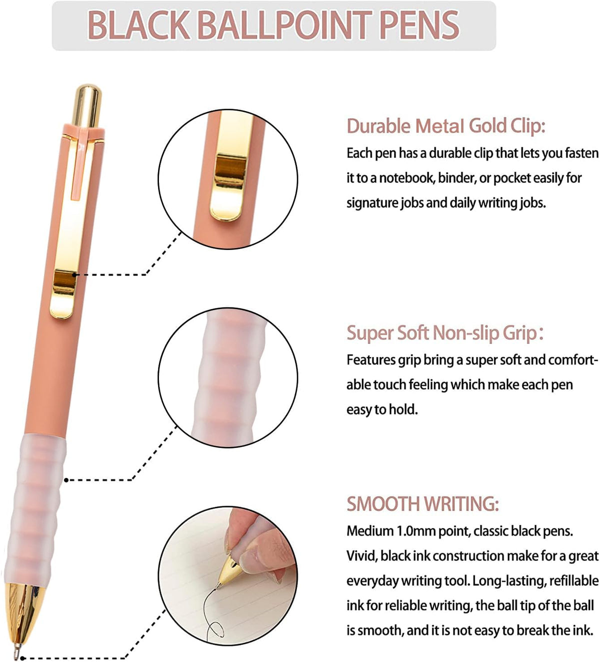Linbsunne Ballpoint Pens Black Medium Point 1mm with Super Soft Grip Ball Point Pen for Men Women Retractable(gold-6x2 pcs)