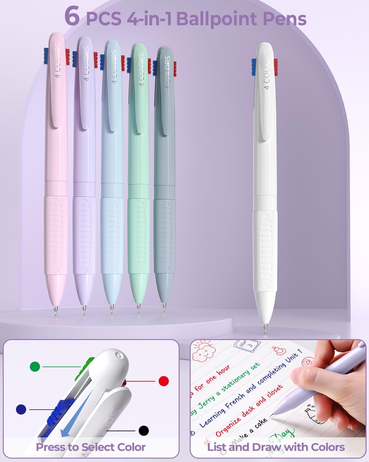 Four Candies 56 PCS Aesthetic School Supplies with Pencil Case, 6 Multicolor Pen, 12 Pastel Highlighters, 5 Gel Pens Black Ink, 9 Mechanical Pencils for Student Stationary Set Preppy Stuff (Purple)