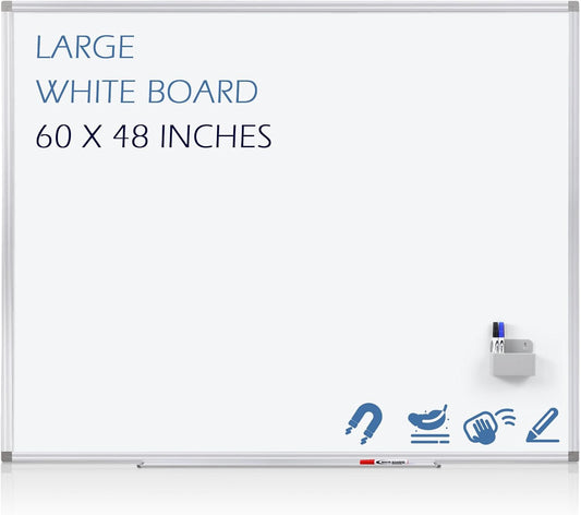 SWANCROWN Large White Board Dry Erase 60" x 48" Presentation Magnetic Whiteboard with Long Pen Tray, Dry Erase Board for Wall, School, Office and Home 5' x 4'