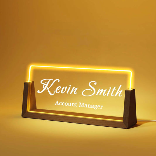 Personalized Desk Name Plate with LED Light & Wooden Base, Custom Acrylic Name Sign | Custom Office Decor & Appreciation Gifts for Boss Coworkers, New Job Promotion Gift (Style 1)