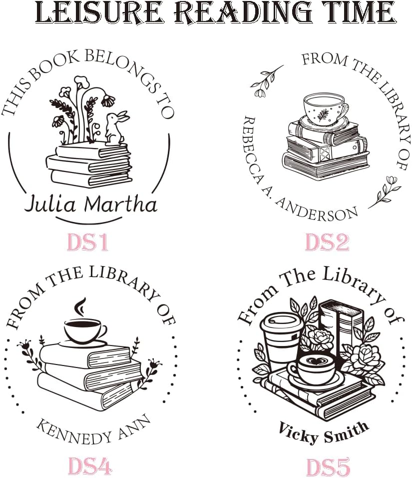 Personalized Book Embosser Stamp with Handle Set, Custom Self-Inking Library Stamp with Name & Design, Elegant Invitation Seal from Library Stamp Kit, Birthday, Book Lover Gifts（Books & Coffee）