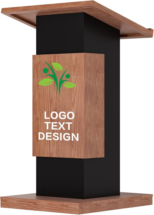 Customizable Logo & Text Podium Stand,Wood Lectern with Lockable Wheels,Church Pulpit with Storage,Mic Stand Space,Wooden Podium for Churches,Seminars and Schools (Brown)