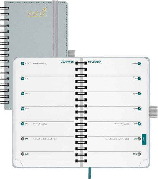 BEZEND Pocket Planner 2025-2026 Weekly with 2 Columns, 18-Month Academic Calendar (Jul 25-Dec 26), Life Work App., Storage Pocket, Pen Holder, PU Leather Softcover 3.5" x 6" Spiral - Dutch Blue