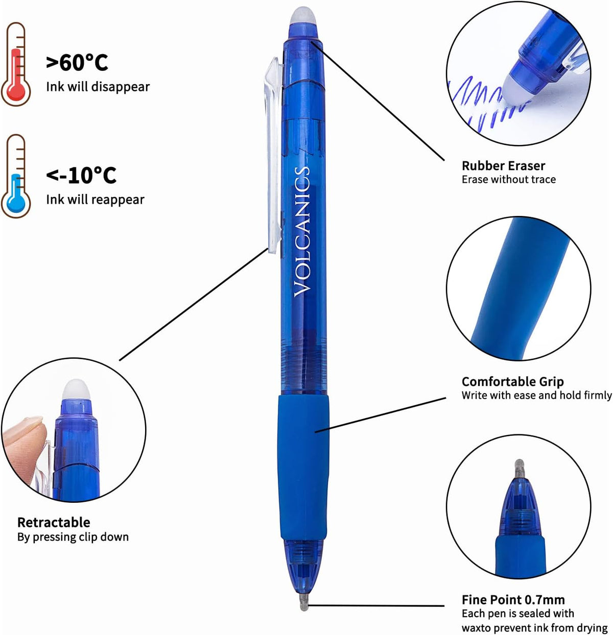Volcanics Retractable Clicker Erasable Gel Pens - 0.7mm Ball Point, Heat Erase with Built-in Eraser, 36 Pack Blue