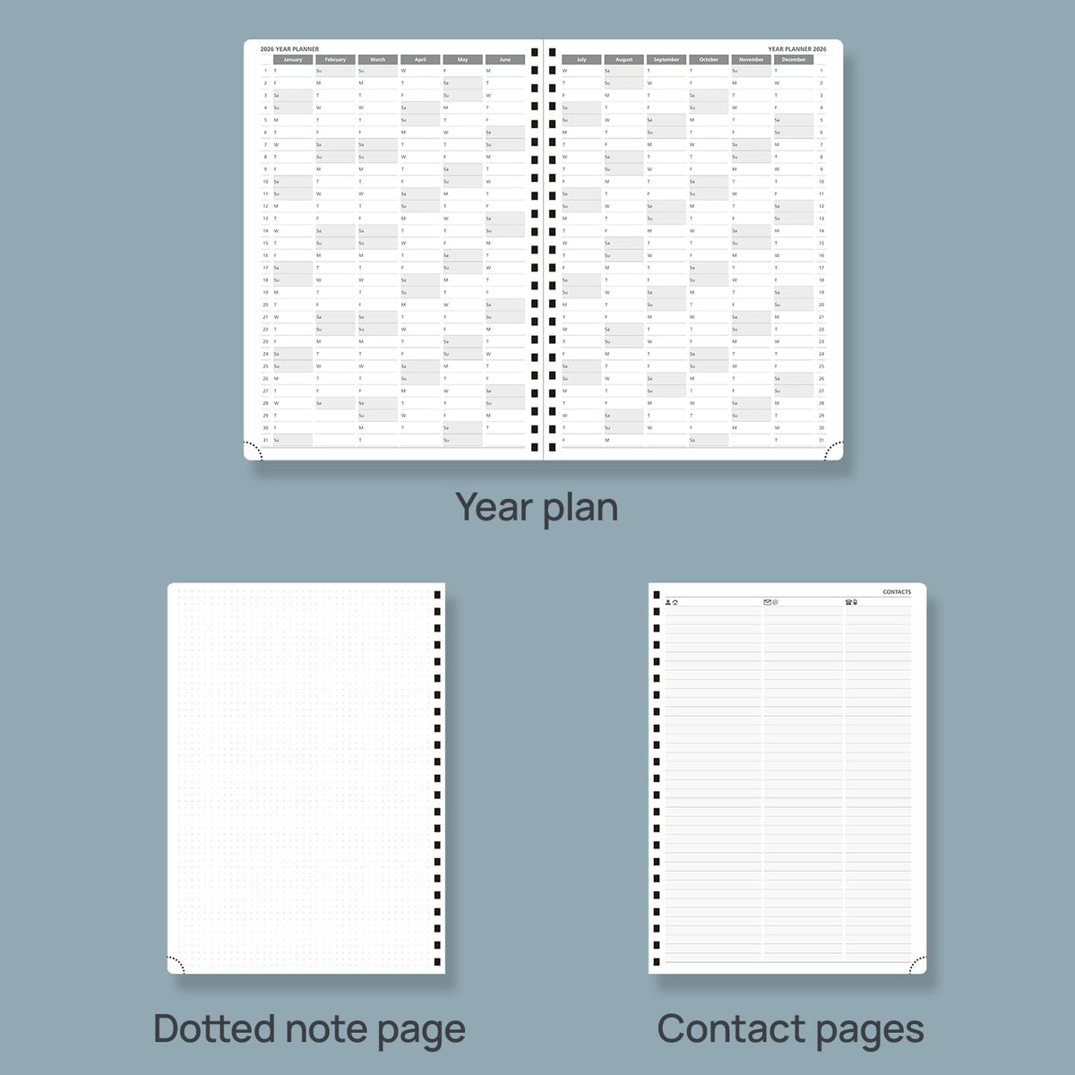 POPRUN 2026 Daily Planner One Page A Day - [A4 Large Size 8.25" x 12" -Spiral Hard Cover], Agenda 2026 Hourly Appointment Book with Monthly Calendar, Pen Holder, Ivory Paper -Black