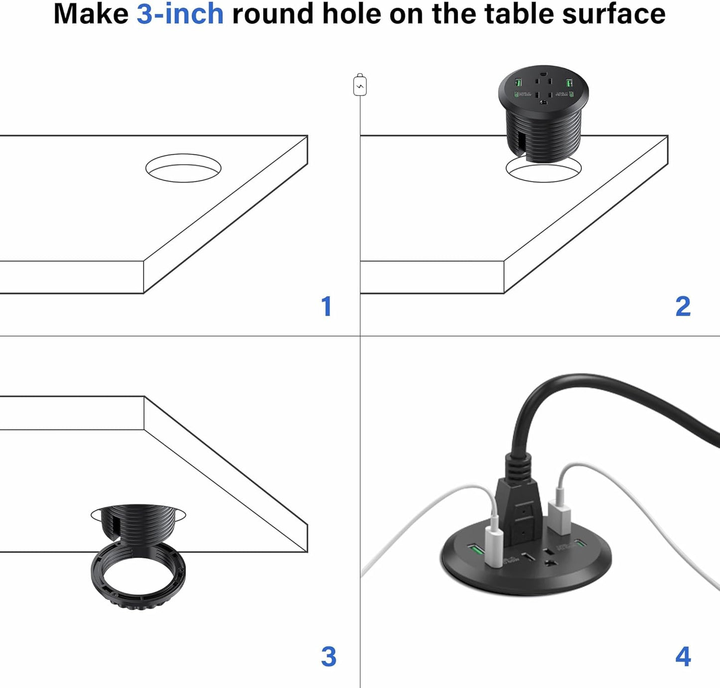 Desktop Power Grommet 3-inch Hole,40W Total Fast Charging Station, 2 PD 20W USB C Port,Flush-Mount Recessed Power Strip, 2 AC Outlets,4 USB Ports,in to The Top of Your Desk,6ft Cord