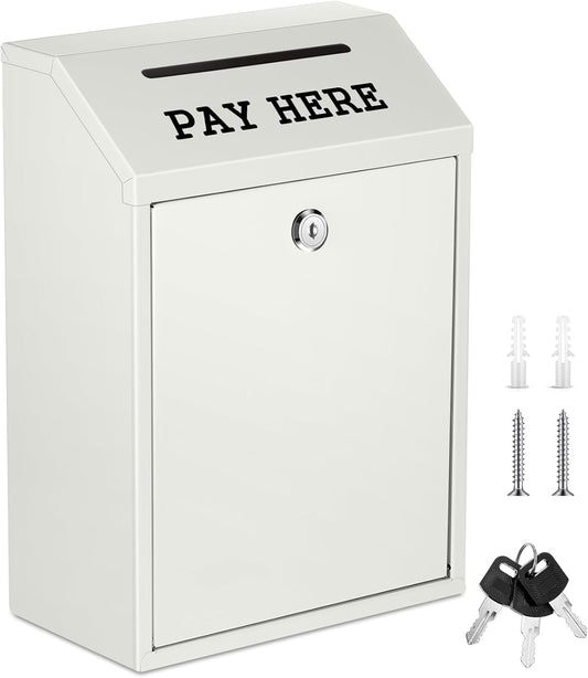 Safe Cash Box Money Collection Metal Donation Box with Lock Wall Mount Pre Drilled Mailbox Delivery Ballot for Home Office Outdoor Self Serve Stand(White,11.8 x 8.6 x 4.7 Inch)
