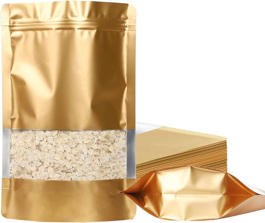 100 Pack Smell Proof Bags, Resealable Mylar Bags with Matte Window, Foil Pouch Stand-up Bags for Food Self Sealing Storage, Scratch Resistant Hand Storage Bags. (Gold, 7×10 Inch)