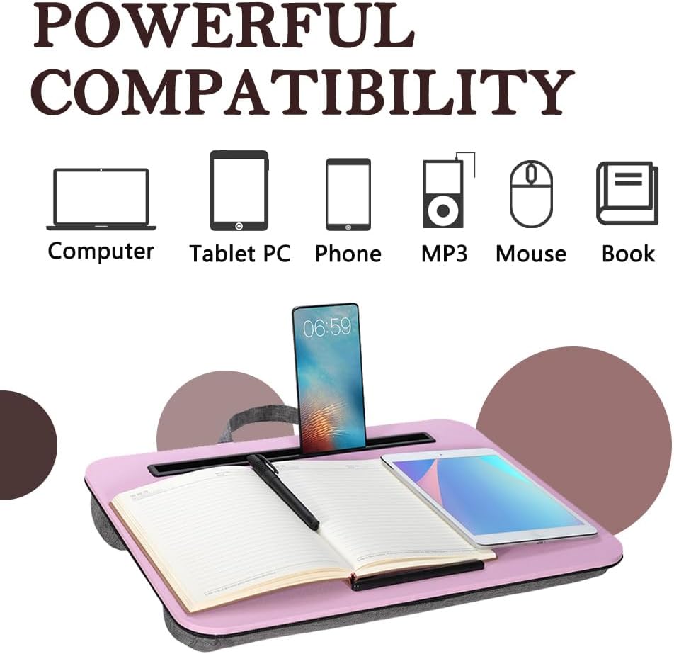 Portable Laptop Desk Fits Up to 16“ Laptops, with Tablet Slot, Built-in Cushion,Great for Home & Office,Lap Desk with Cushion (Pink, Medium)