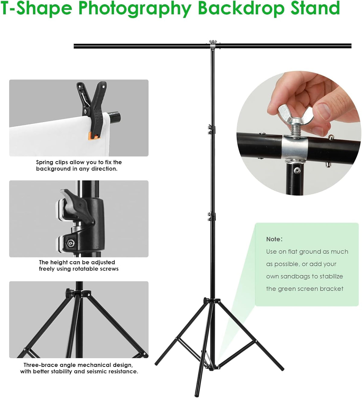 Green Screen Backdrop Kit, Portable Greenscreen Background with T-Shaped Stand, 5 Clamps & Carrying Bag for Photography, Streaming, Zoom, Gaming, (White, 6.5 Feet X 5.0 Feet)