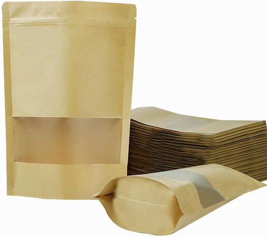 100 PCS Resealable Bags, Stand Up Kraft Paper Bags with Matte Window, Zipper Lock Food Storage Bags for Small Business and Home, 7.08 * 10.23 Inches Reusable Sealable Bags for Packaging