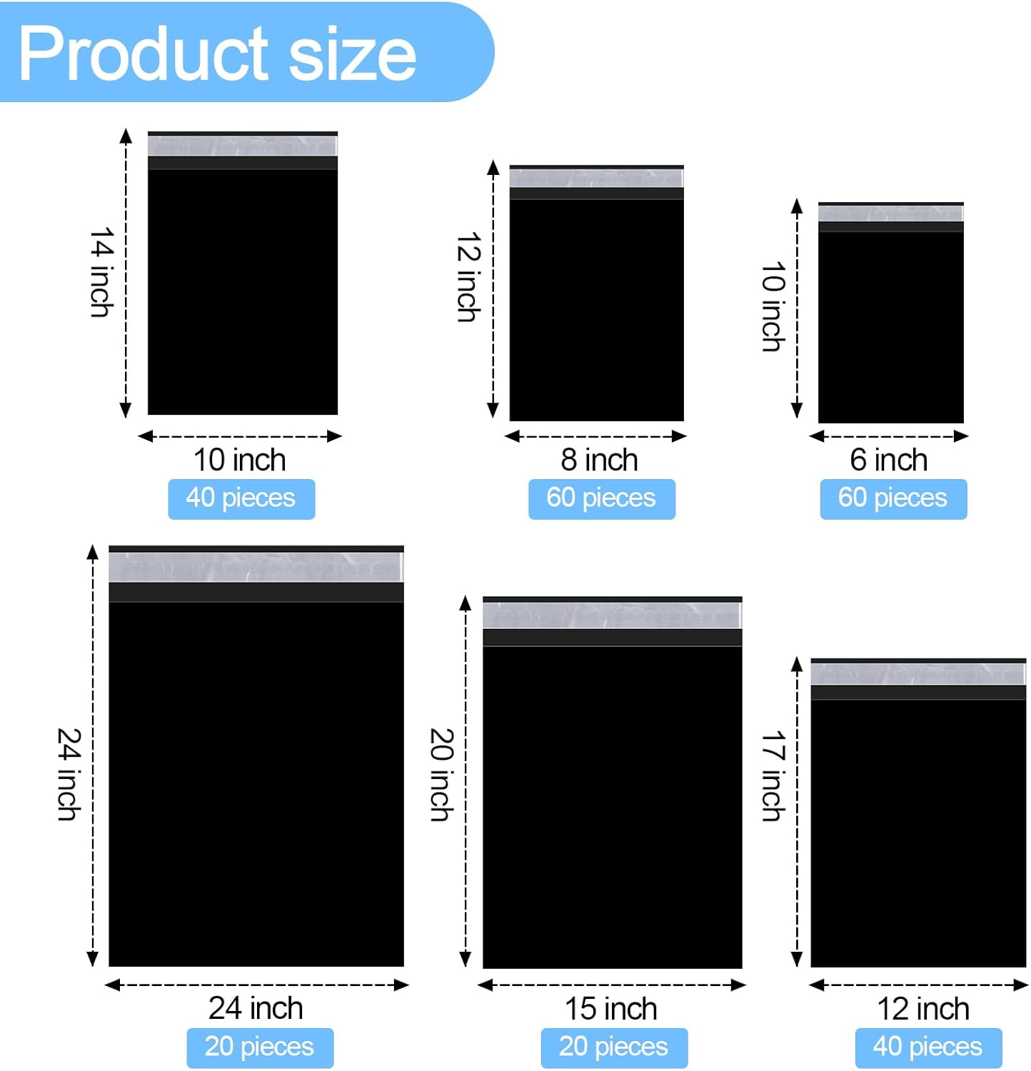 Outus 240 Pcs Poly Mailers Variety Pack Mailing Shipping Bags 6 Assorted Sizes Shipping Envelopes Self Adhesive Waterproof and Tear Proof Packaging Bags for Clothing Books Gift (Black)