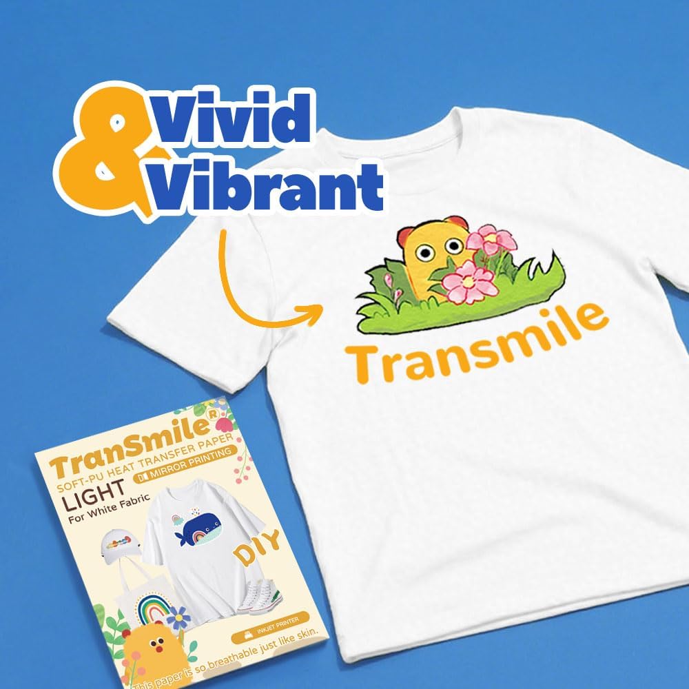 TranSmile PU-Heat Transfer Paper for Inkjet Printer (White, 50 Sheets, 8.5 x 11'') Printable Heat Transfer Vinyl for White Fabric, Iron on Transfers for T Shirts