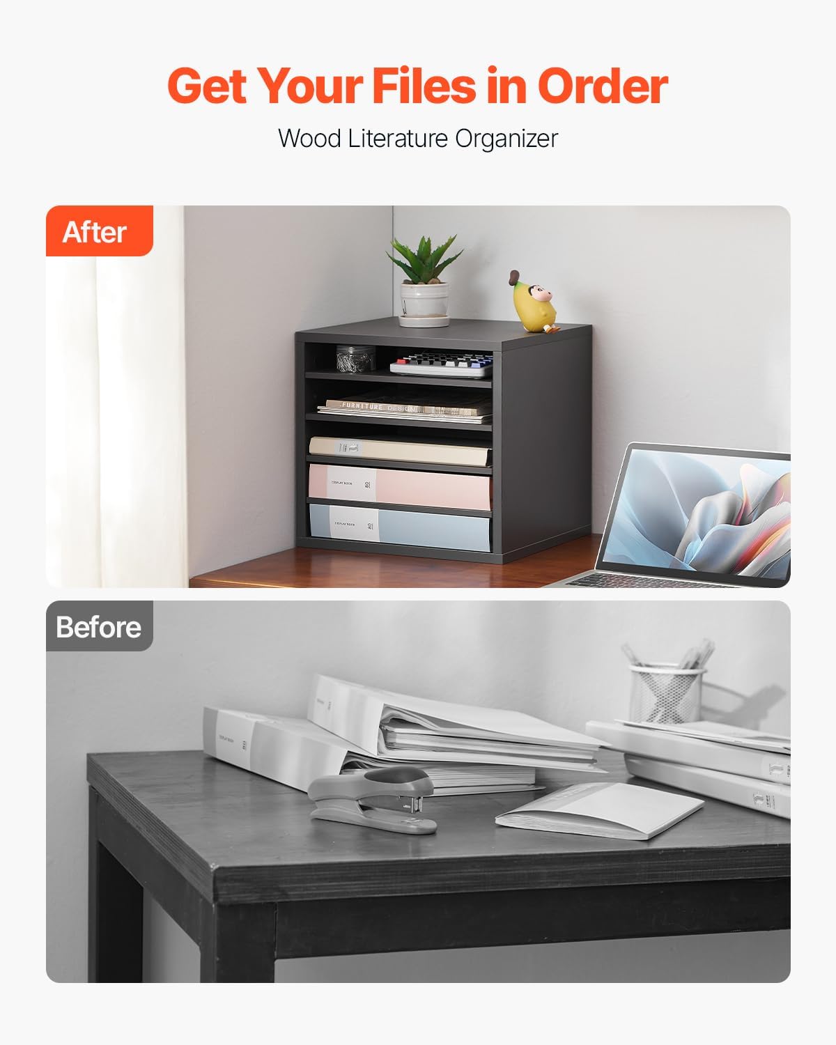 VEVOR Literature Organizer, 5 Compartments Office Mailbox with Adjustable Shelves, Wooden Mailbox Sorter Medium Density Fiberboard Office Home Classroom Storage for Files, Documents, Papers, Grey
