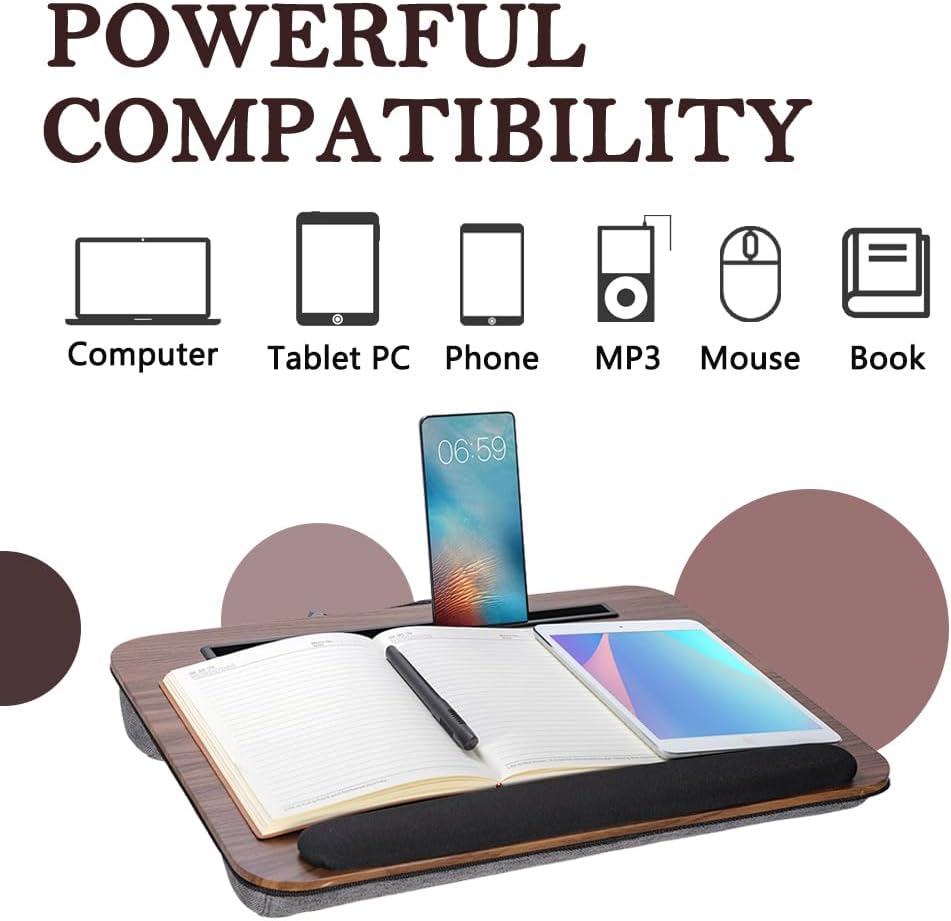 Portable Laptop Desk Fits Up to 16“ Laptops, with Tablet Slot, Built-in Cushion, Great for Home & Office,Lap Desk with Cushion (Brown with Wrist Rest, Medium)