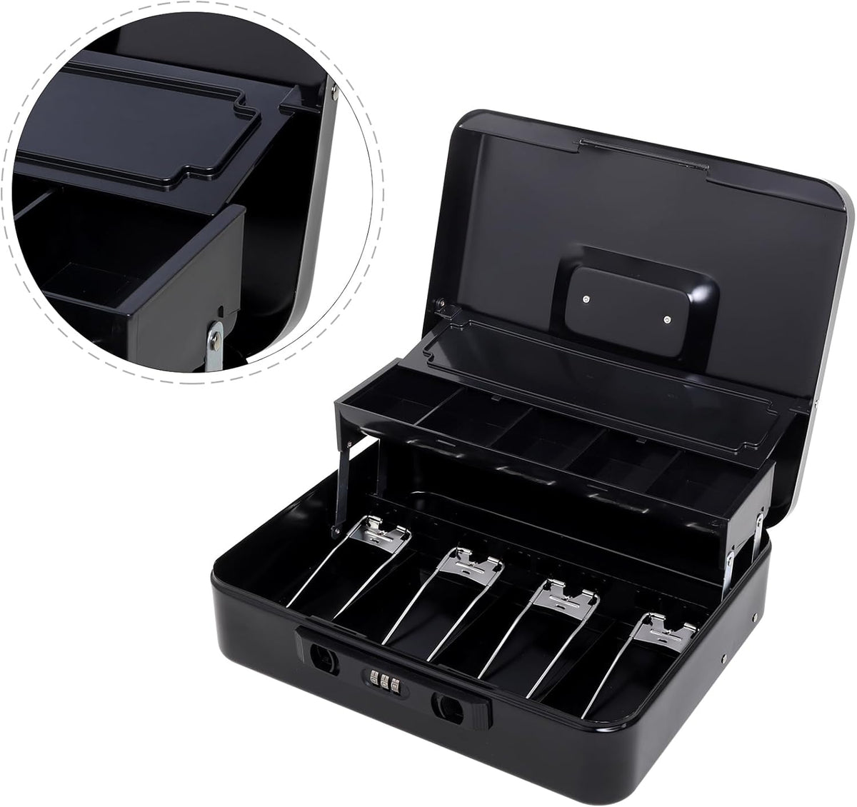 Jssmst Locking Cash Box with Coin Lid, 11.8L x 9.5W x 3.5H Inches, Latch Safe Money Box with Combination Lock, Black