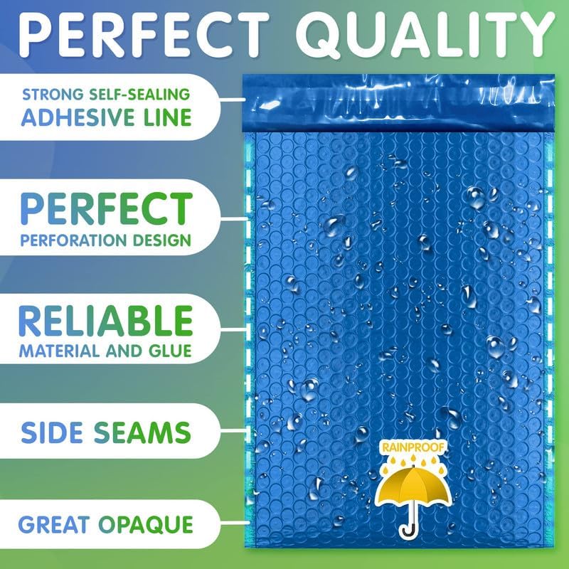 Blue Poly Bubble Mailers 5 x 9 Inch. Pack of 250 Padded Envelopes Waterproof. Self Seal Padded Mailers with Durable Seams. Lightweight Padded Shipping Envelopes for Mailing Fragile Things