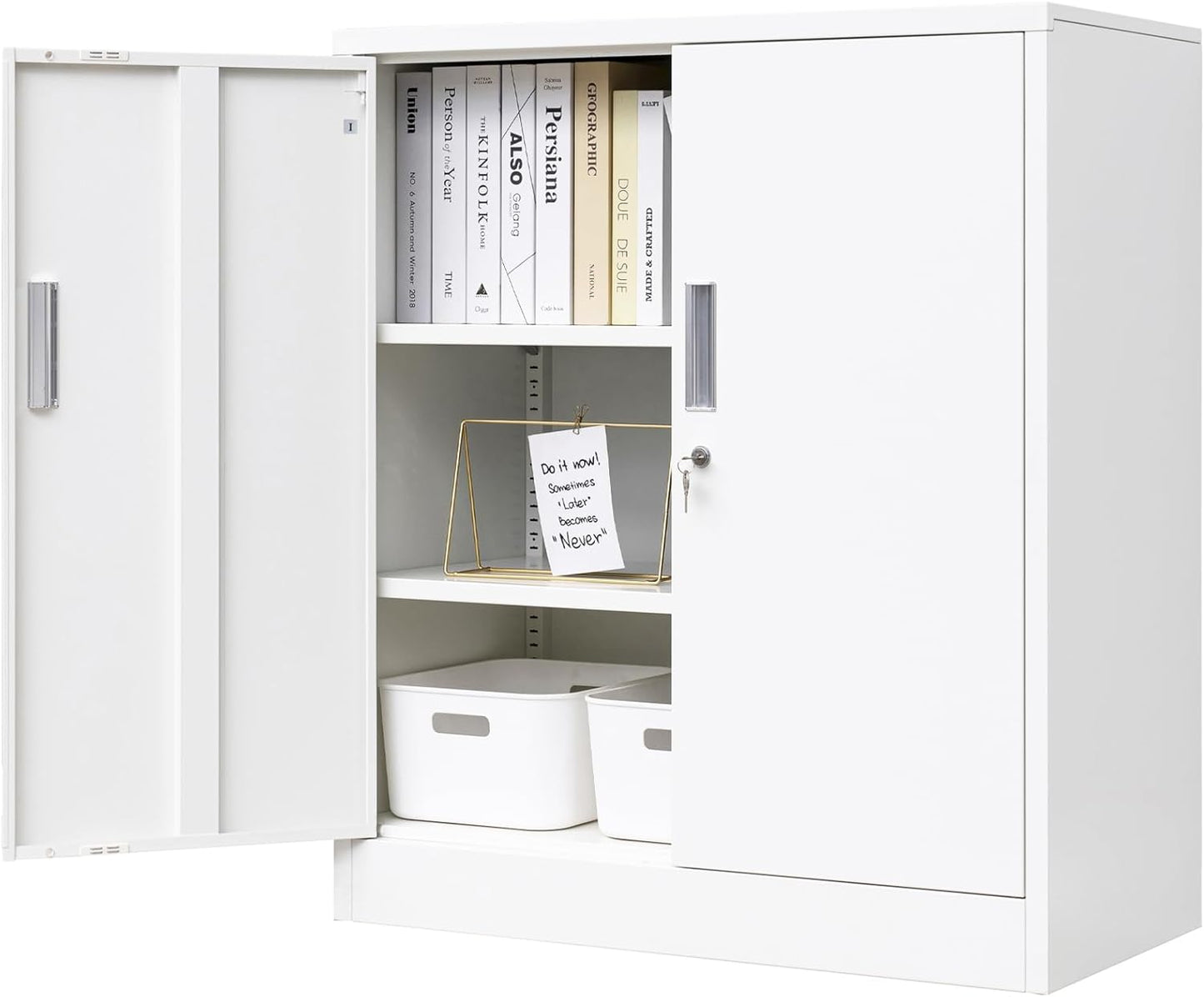 BESFUR Metal Storage Cabinet, 36"- White Locking Cabinet with Two Adjustable Shelves, Garage Storage Cabinet for Office, Garage, Home