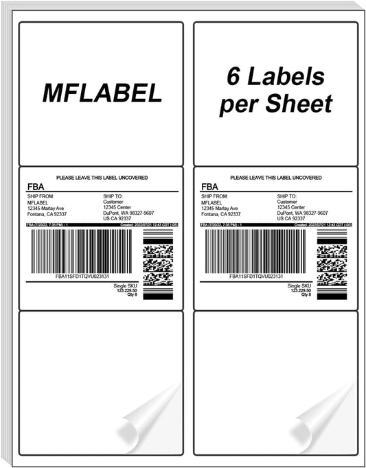 MFLABEL 3-1/3" x 4" FBA Address Labels, 6-Up, White, Easy Peel, Laser/Ink Jet Printer Compatible, 6 Per Page (24000 Labels, 4000 Sheets)