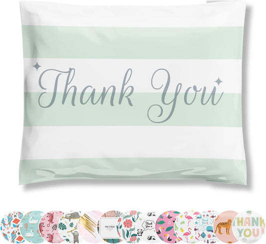 Poly Mailers 12.5x15 50 Pack | Self-Sealing Shipping Bags Envelopes for Small Business | Waterproof Durable Packaging | Thank You | Green Stripes | à la mode Mailers