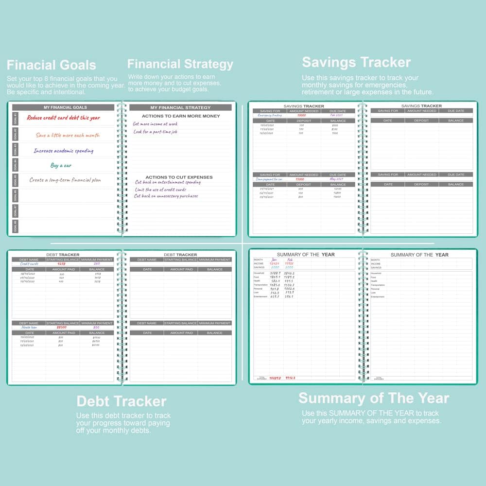 Budget Planner - 8" x 9.5" Monthly Budget Book with Expense Tracker Notebook, 2023-2024 Budgeting Book and Financial Planner to Control Your Money. Large Size, PU Leather, Teal