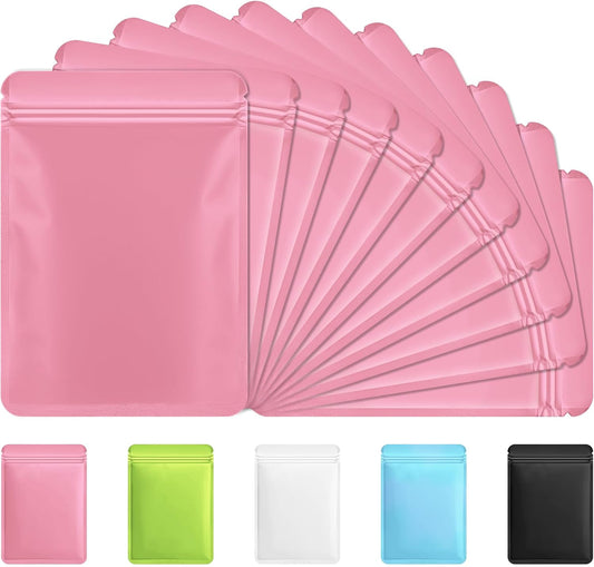 Funfery 100 Pack Pink Mylar Packaging Bags Resealable Bags Double Sided Color Odor Proof Pouch Baggies Smell Proof Foil Bag for Food Storage,Small Business(Pink,2.4x3.9inch)