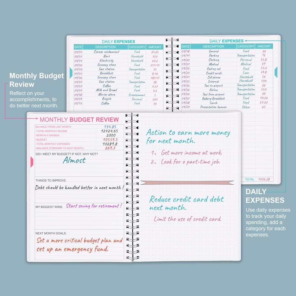 Budget Planner & Monthly Bill Organizer with Pockets. Expense Tracker Notebook, Budgeting Journal and Financial Planner Budget Book to Control Your Money, PP Cover, A5 – Blue Watercolor