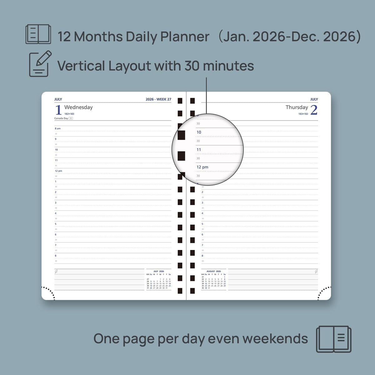 POPRUN 2026 Daily Planner One Page per Day (Medium 6'' x 8.5'') - 12 Months Calendar Appointment Book with Hourly Slots, Inner Pocket, Monthly Tabs, Pen Holder - Black