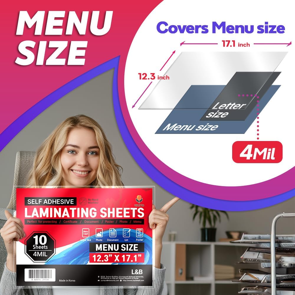 Self Adhesive Laminating Sheets 12.3x17.1 inches, 10 Pack, 4mil Thickness, No Heat or Machine Needed, Waterproof, Self Sealing, Easy Peel and Stick, Heavy Duty Clear Glossy Finish, by VIOLETTO