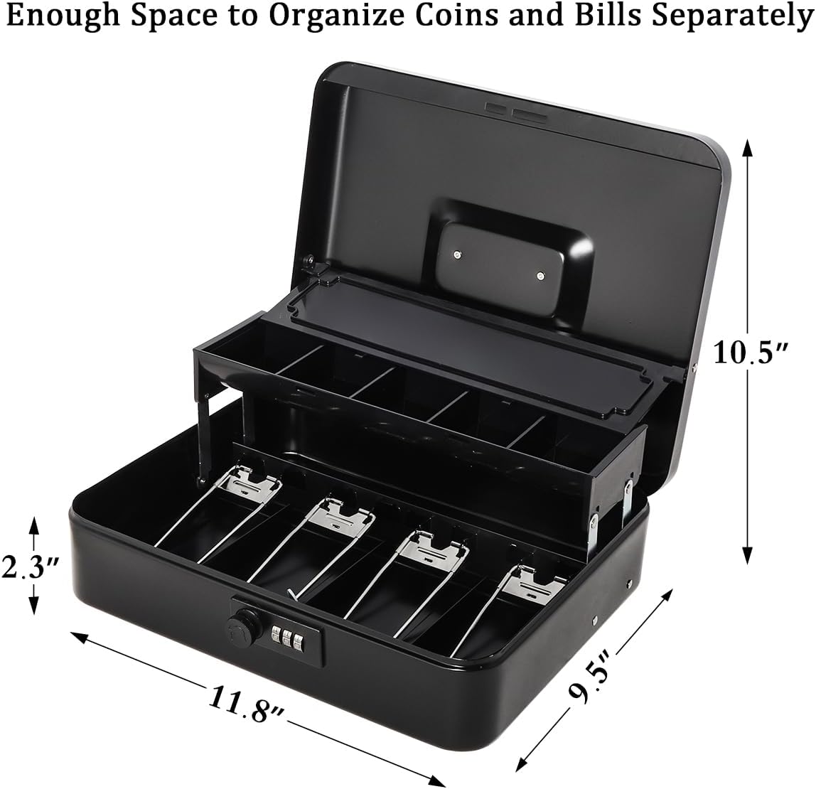 Jssmst Locking Metal Cash Box with Coin Lid, 11.8L x 9.5W x 3.5H Inches, Safe Money Box with Combination Lock, Black, SM-CB0512B