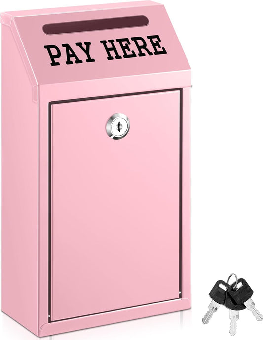 Safe Cash Box Money Collection Metal Donation Box with Lock Wall Mount Pre Drilled Mailbox Delivery Ballot for Home Office Outdoor Self Serve Stand(Pink,10.2 x 5.7 x 2.8 Inch)