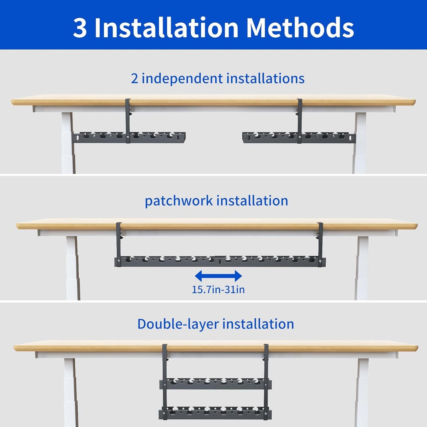 31Inch Extendable Under Desk Cable Management Tray Multi-Model Metal Cable Management Tray Under Desk Cord Management with Clamp Power Strip Cord Holder for Wire Cable Management, Black